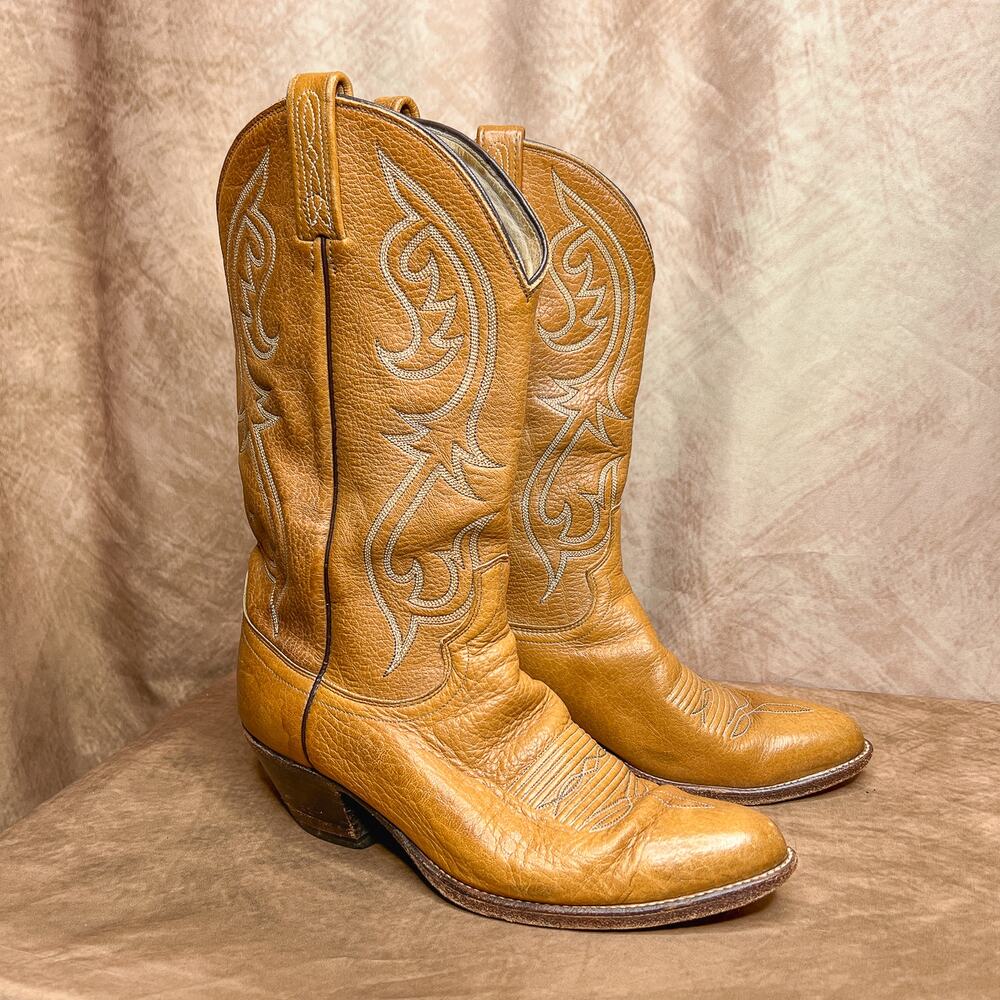 Vintage Dan Post Cowboy Boots Calf High Pointed Toe Leather Western Outdoor 90s